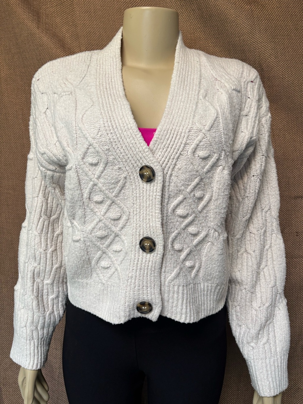 Pink Rose Cream Color Cable-Knit Button Cardigan